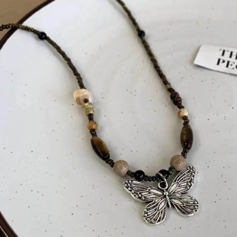 Butterfly Pendant Necklace Handmade Bohemian Seed Bead Natural Stone Necklace