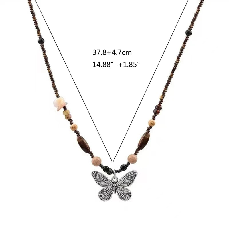 Butterfly Pendant Necklace Handmade Bohemian Seed Bead Natural Stone Necklace