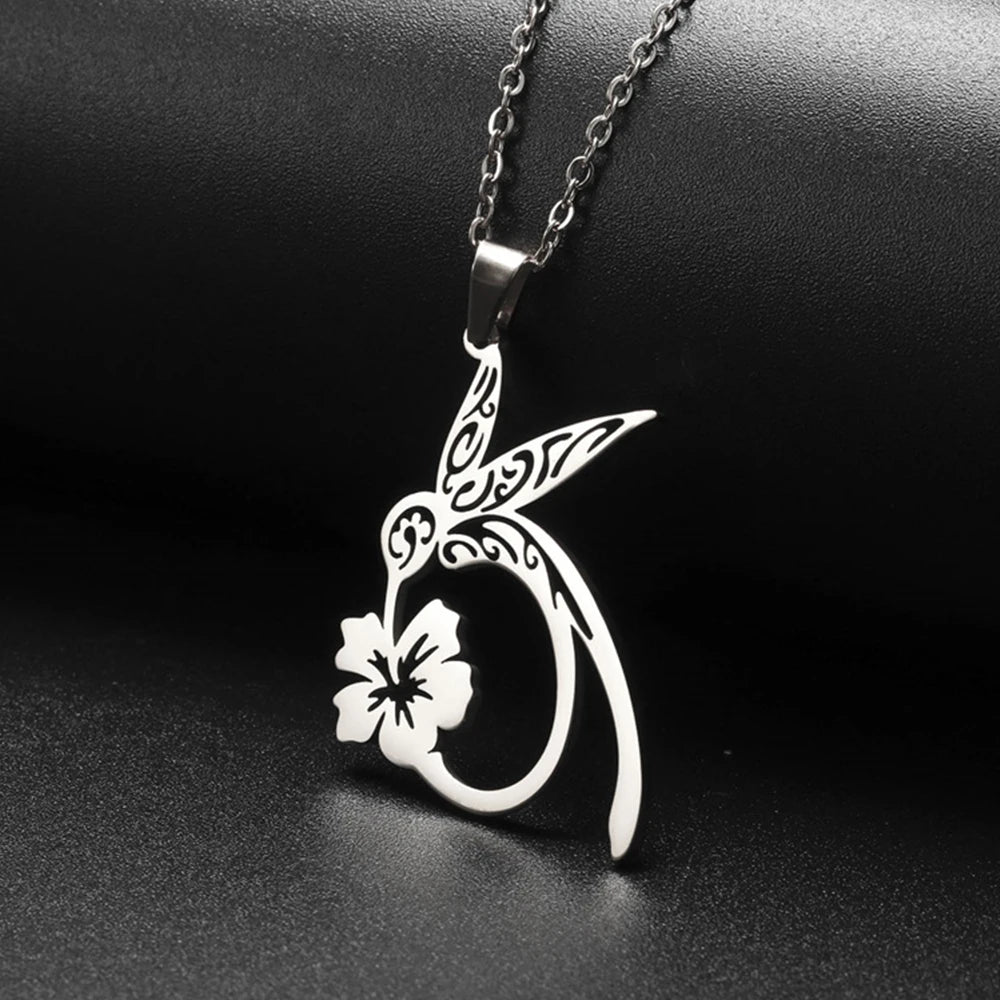 Collier colibri fleur en acier inoxydable